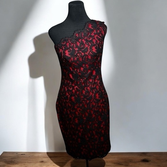 Tadashi Shoji Dress Red Embroidered Lace Sheath SZ 6 Whimsigoth Y2K Christmas - Picture 2 of 16